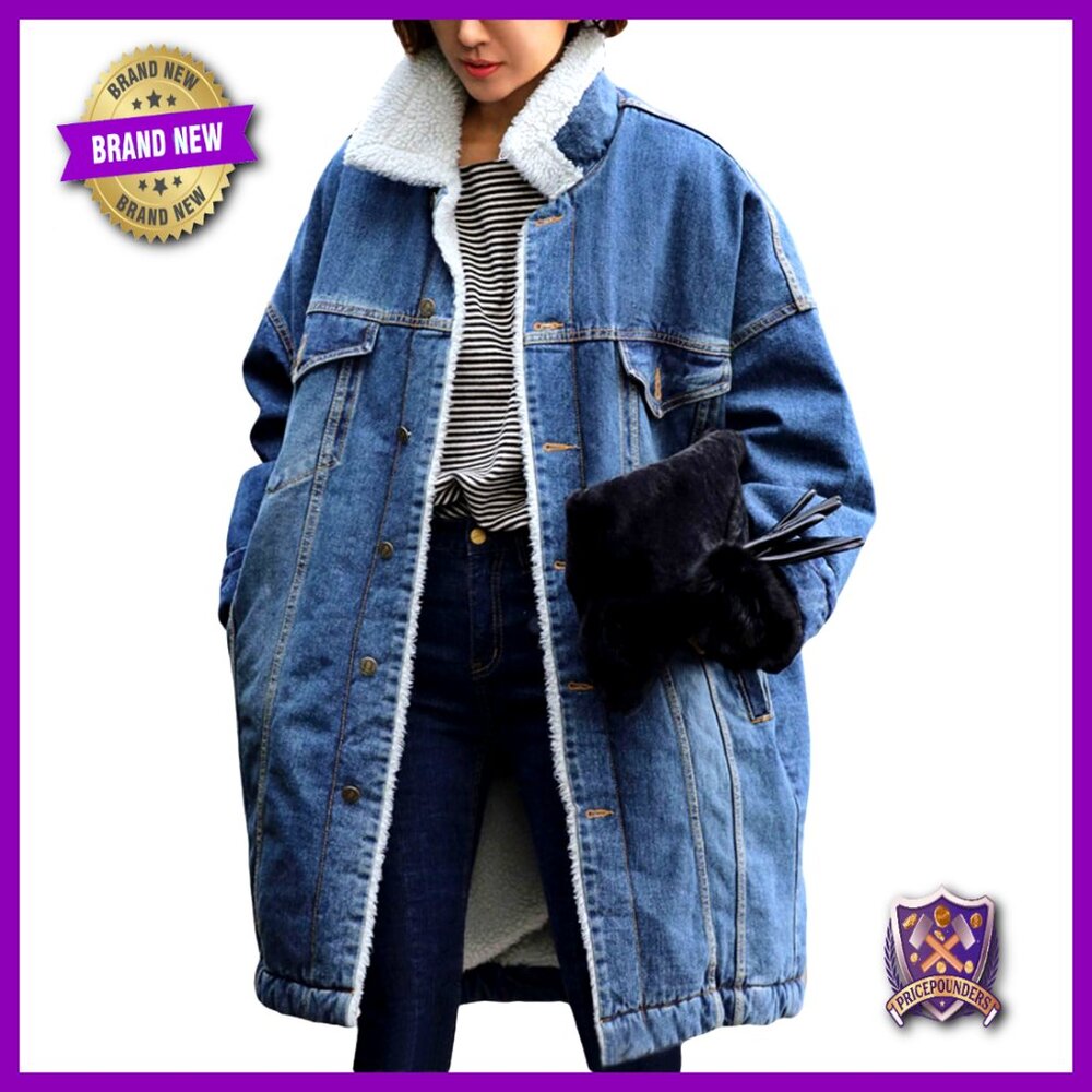 Long Sherpa Fleece Lined Denim Jacket Oversized Trucker Coat Vintage Patchwork